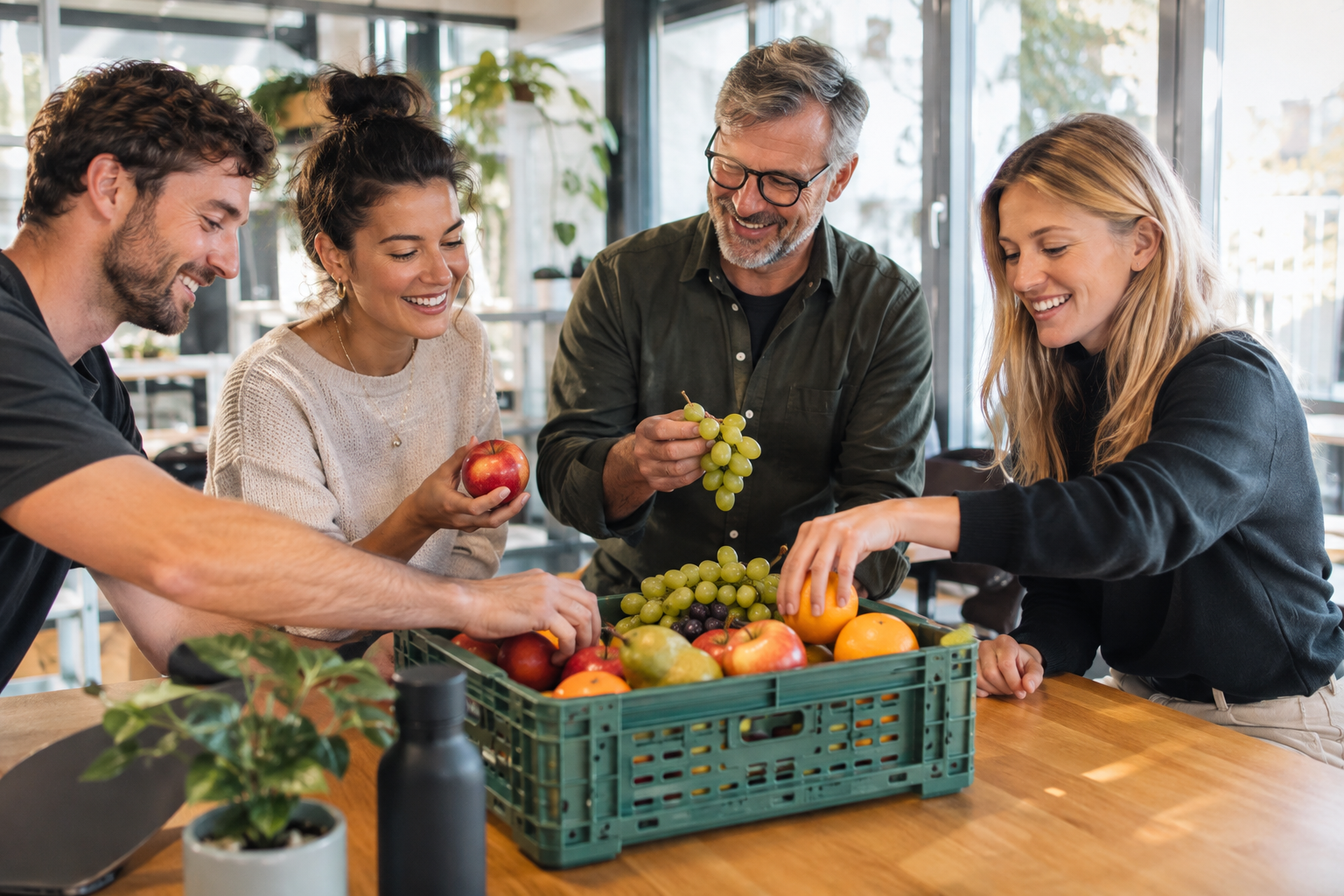 Team im Büro bedient sich an einer Box mit frischem Bio-Obst